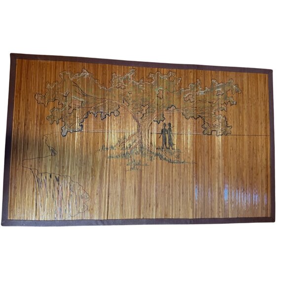Vintage Bamboo Wall Hanging or rug With Nature Scene rectangle tree people READ - Picture 1 of 13